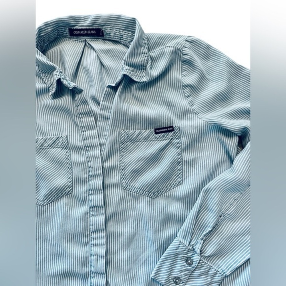 Calvin Klein Jeans Long Sleeve Tencel Top - Womens Size Medium Blue White Stripe